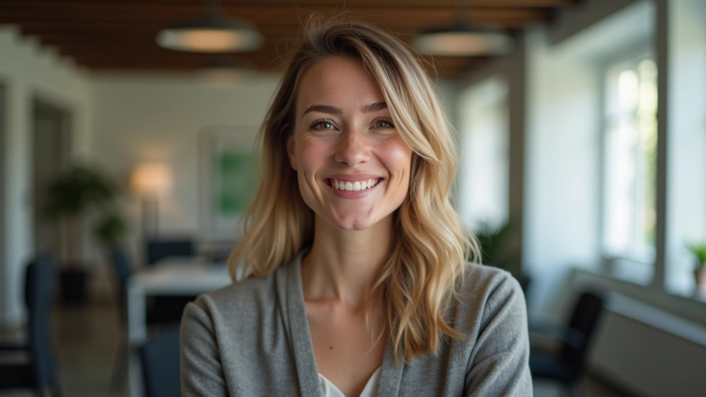 Portrait d'une spécialiste en design typographique, vue de buste, sourire accueillant dans un environnement professionnel