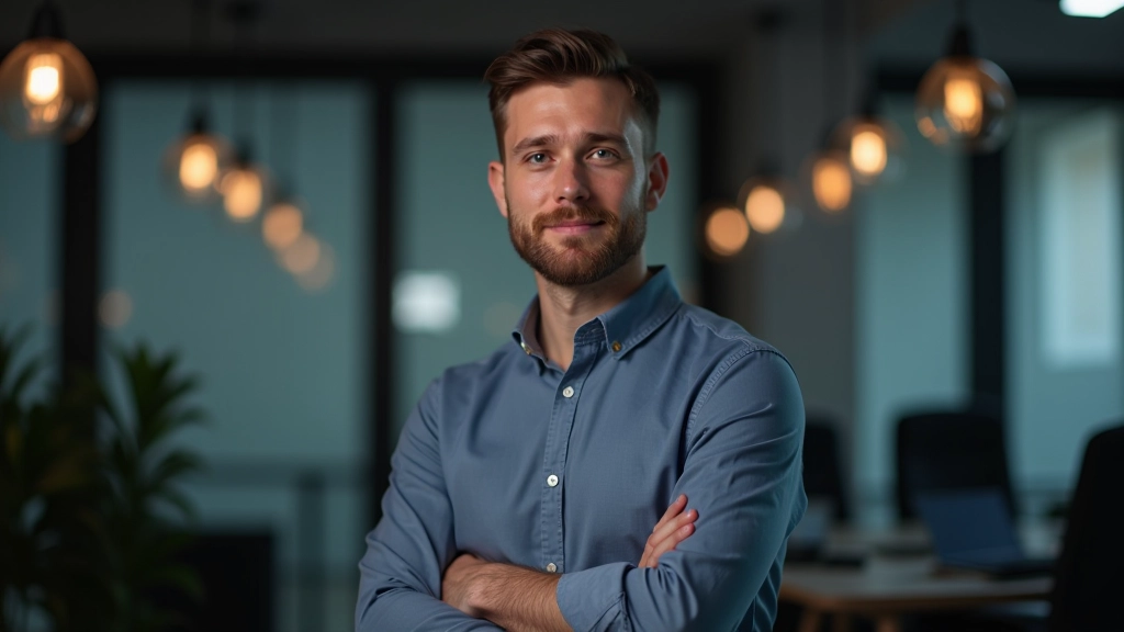 Portrait d'un développeur animation web, vue de buste, pose confiante dans un espace technologique